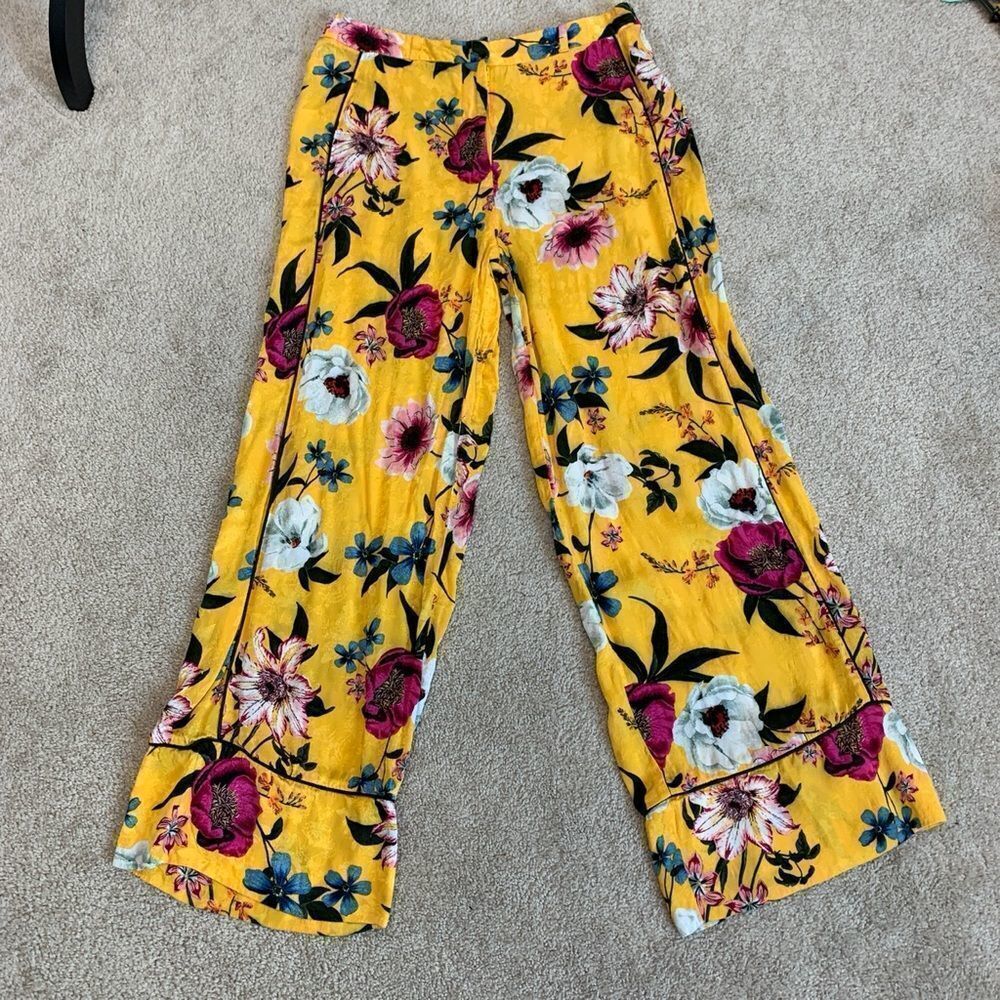 TOPSHOP Asian Oriental yellow floral flower print wide leg trousers belted Sz 8 - Picture 6 of 16